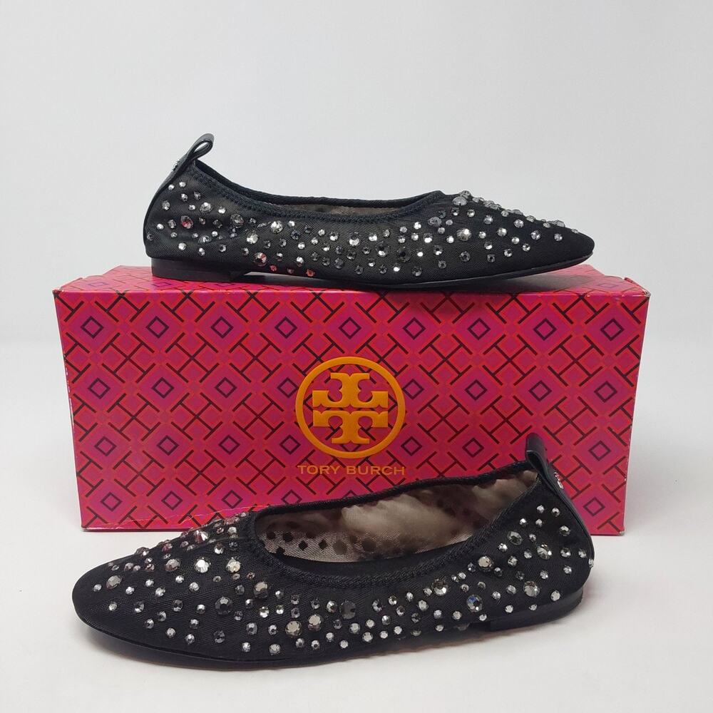 Tory Burch Crystal Ballet Flats Womens 6.5 Black Mesh Rhinestone Shoes NIB